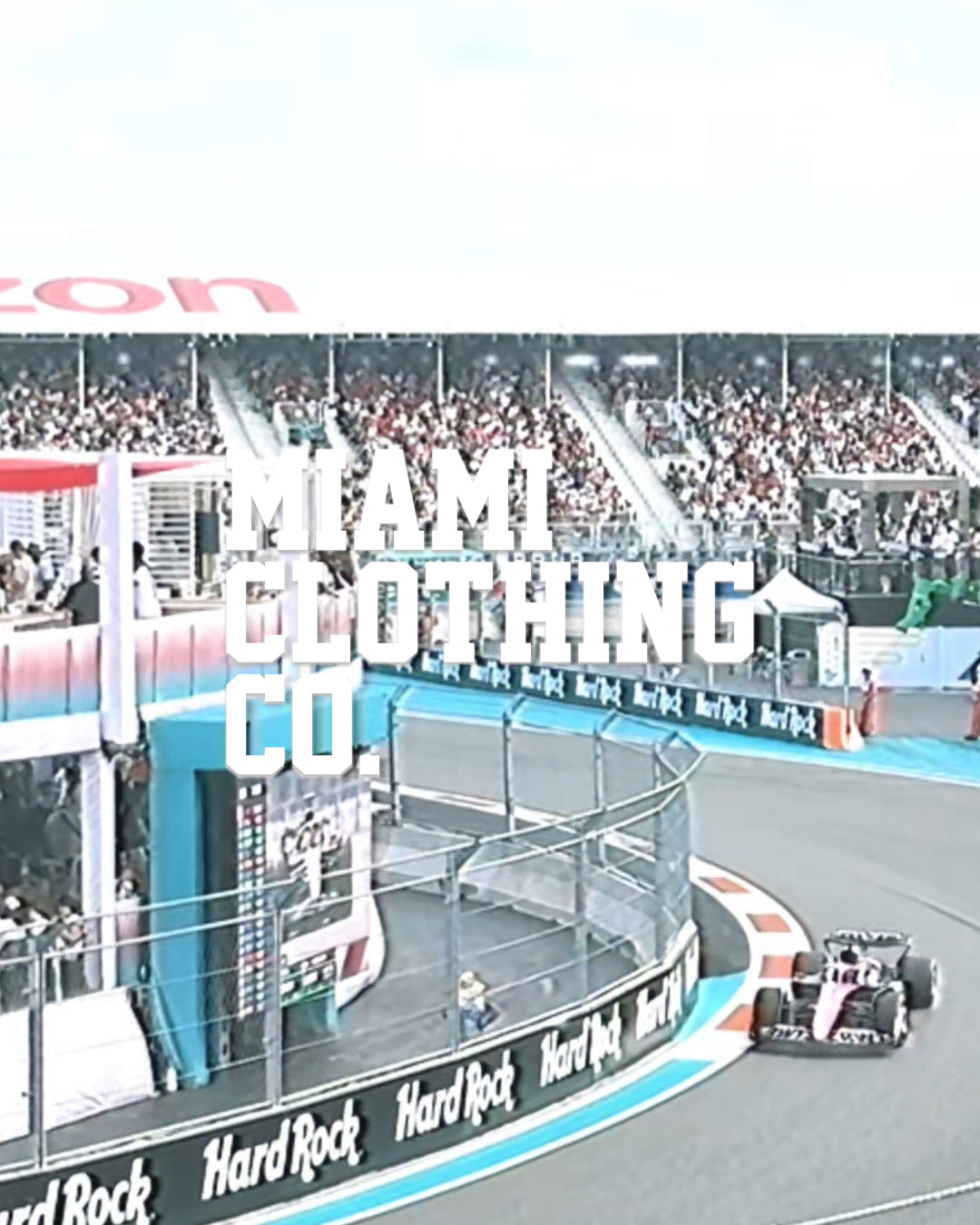 Formula One race track at the 2025 Miami Grand Prix with Miami Clothing Company branding overlayed.