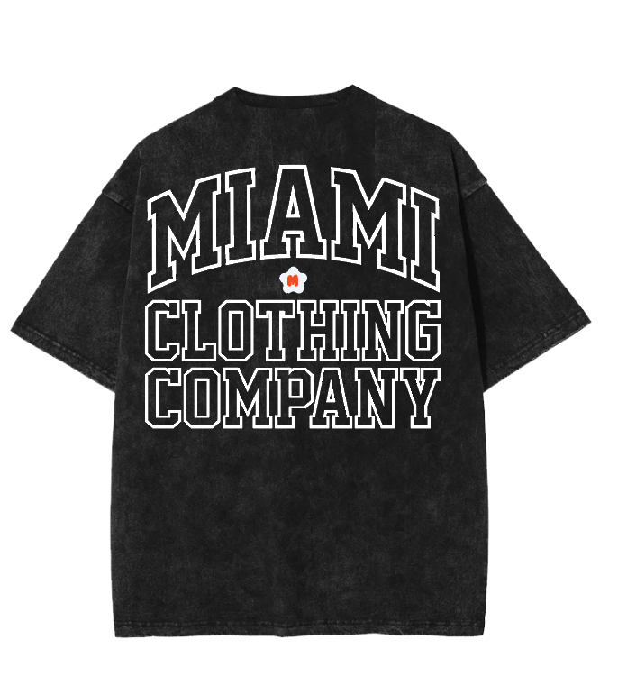 MIAMI STAMPED T-SHIRT with bold MCC logo on front and oversized MIAMI CLOTHING COMPANY graphic on back, 100% heavyweight cotton.