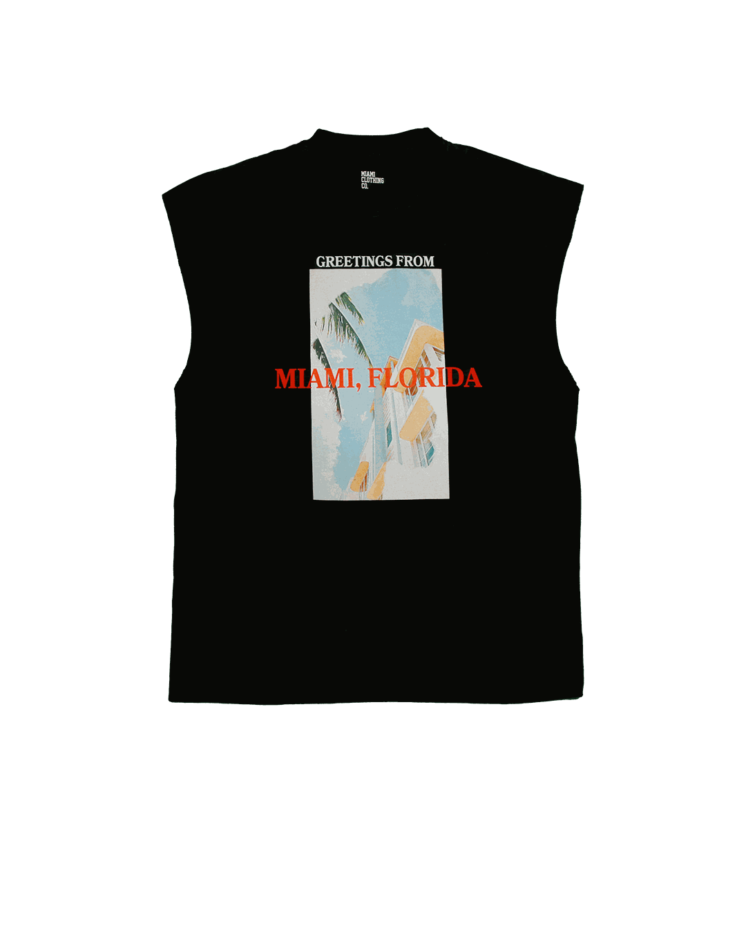 Sleeveless cutoff T-shirt with "Greetings from Miami" graphic print. Miami t-shirt