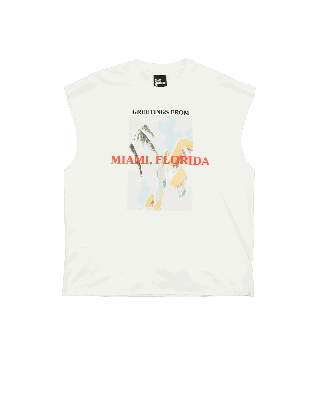 Sleeveless cutoff T-shirt with "Greetings from Miami" graphic print. Miami t-shirt