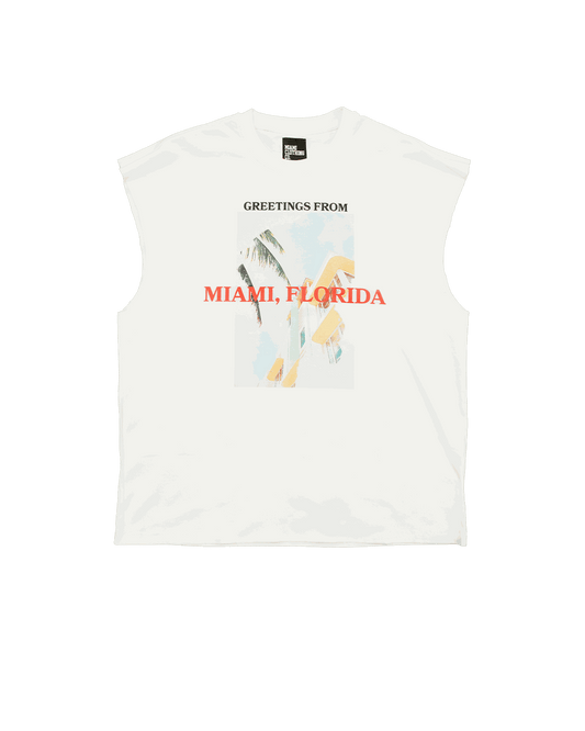 Sleeveless cutoff T-shirt with "Greetings from Miami" graphic print. Miami t-shirt