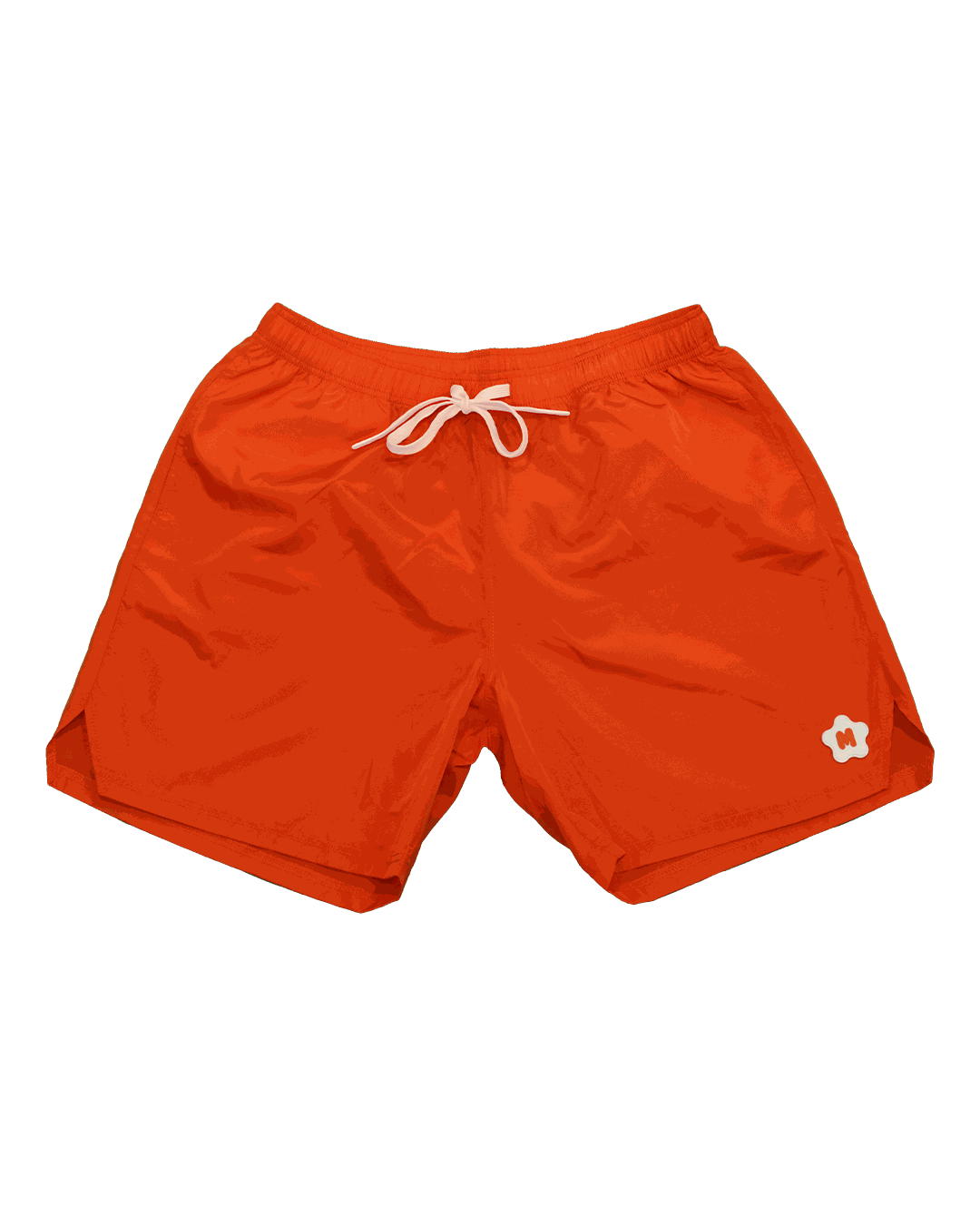 Orange nylon shorts with rubber Miami Clothing Co. logo, elastic waistband, front welt pockets, and drawstrings.