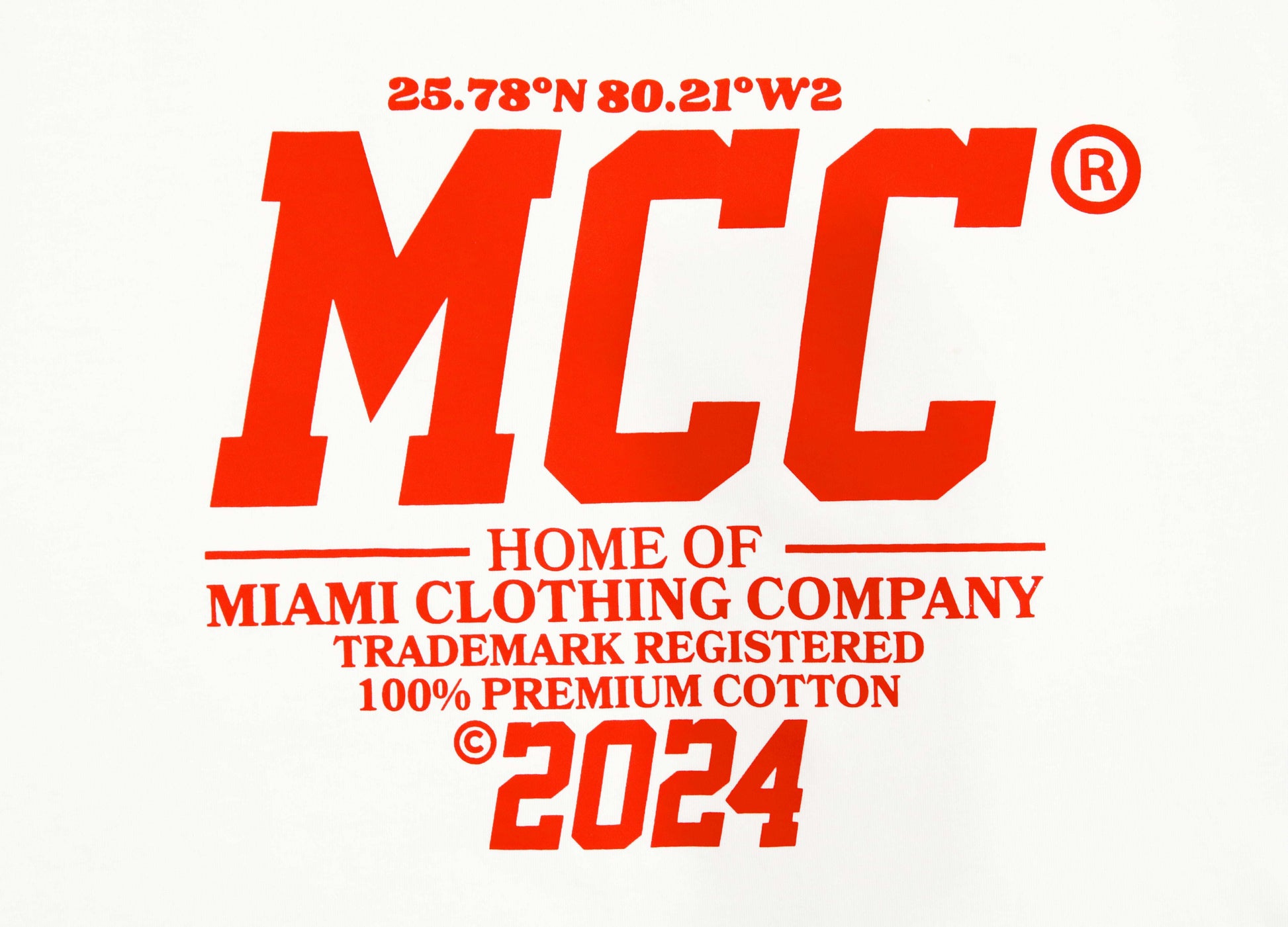 MCC Coordinates Miami T-shirt with bold red graphic design featuring Miami Clothing Co. branding in plastisol print.