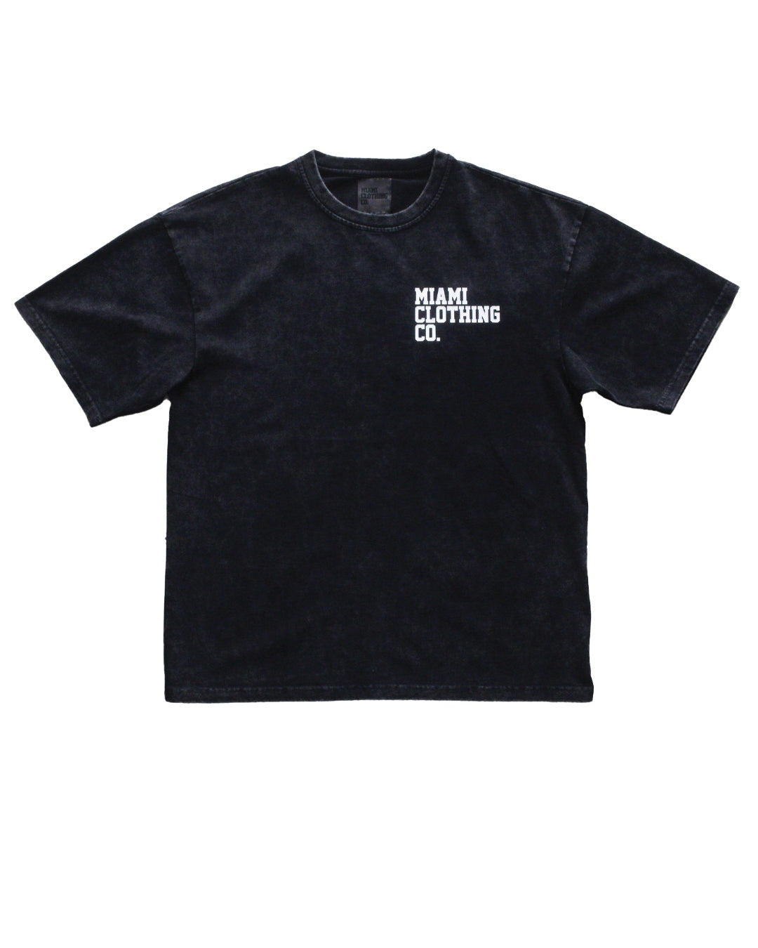 Oversized black cotton t-shirt with "Miami Clothing CO." graphic on left chest.