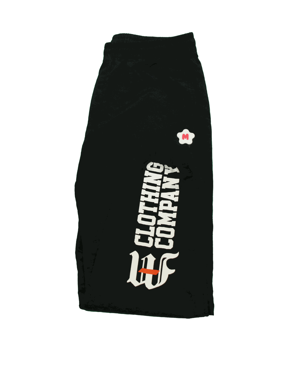 Black nylon pants with multi-graphic prints and Miami Clothing Co. rubber logo on left leg, featuring elastic waistband and side welt pockets.